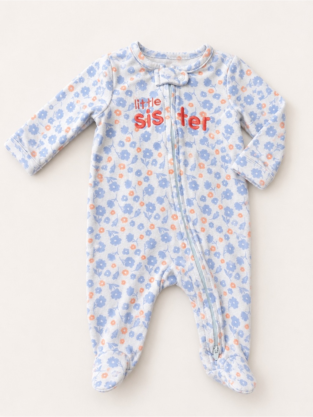 Carter’s - Double Zipper Sleeper - Blue W/ Print & ‘Little Sister’ (Cotton) - 3M